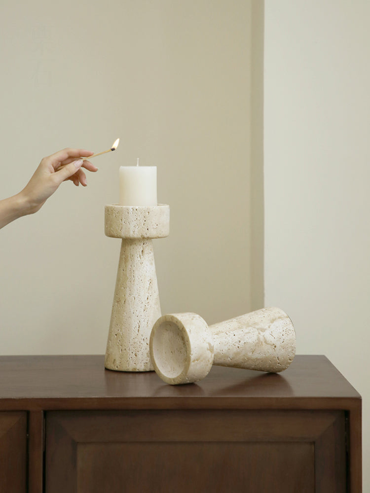 Artisan White Stone Candle Stand | Hand-Carved Travertine Holder