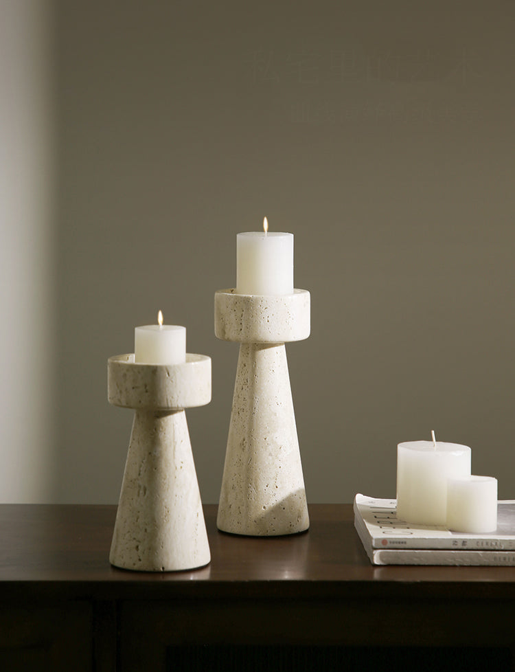 Artisan White Stone Candle Stand | Hand-Carved Travertine Holder