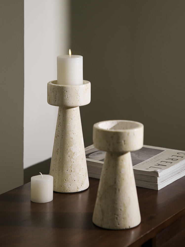 Artisan White Stone Candle Stand | Hand-Carved Travertine Holder