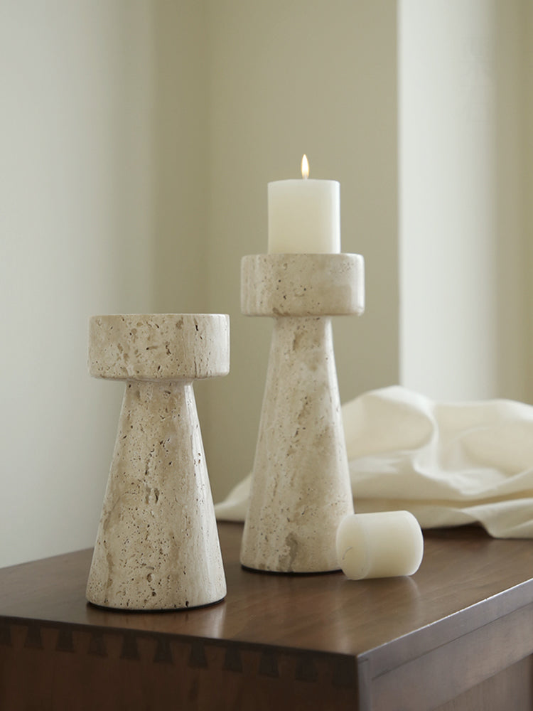 Artisan White Stone Candle Stand | Hand-Carved Travertine Holder